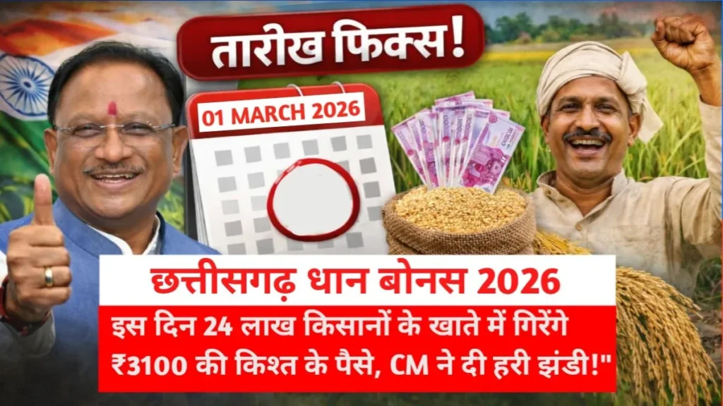Chhattisgarh dhan bonus 2026 CG paddy bonus 3100 छत्तीसगढ़ किसान धान बोनस, CG farmers bonus scheme, Vishnu Deo Sai dhan bonus