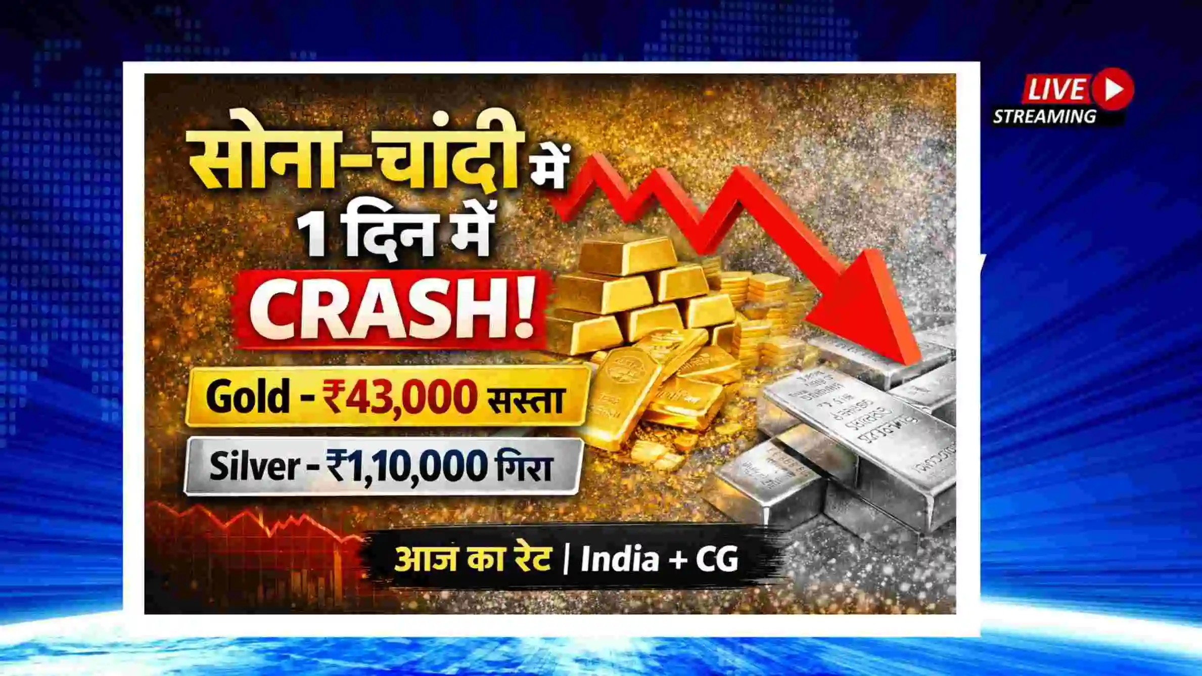 सोना-चांदी की कीमत में भारी गिरावट: सिर्फ 1 दिन में ₹43,000 टूटा सोना, चांदी ₹1.10 लाख सस्ती 2026